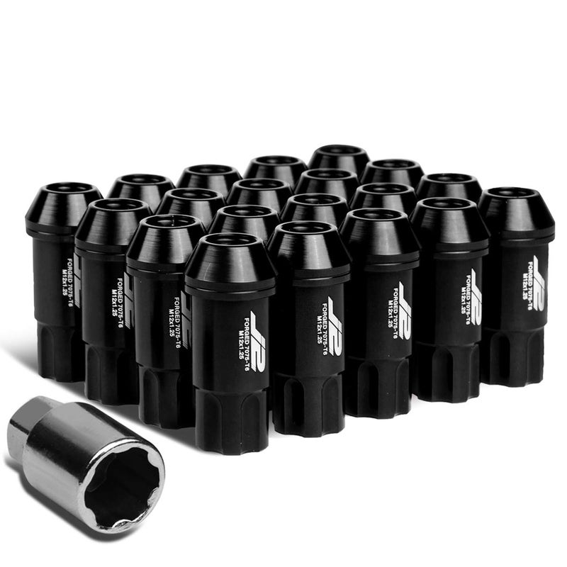 J2 Engineering 20Pcs M12 x 1.25 7075-T6 Aluminum 50mm Open-End Lug Nut w/Socket Key (Black) - Image 1
